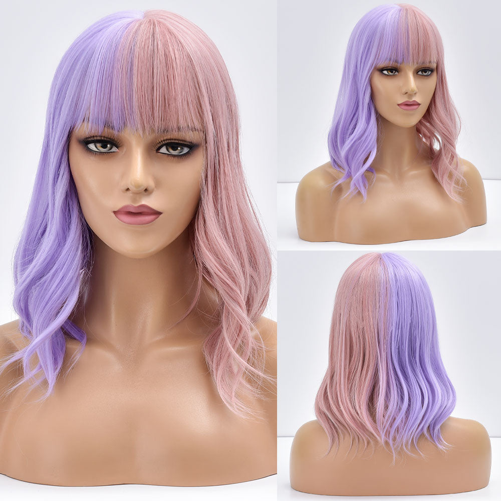 Short Bob Synthetic Wig Ombre Pink Water Wave Hair Wigs With Bangs Cosplay Lolita Heat Resistant Natural Hair