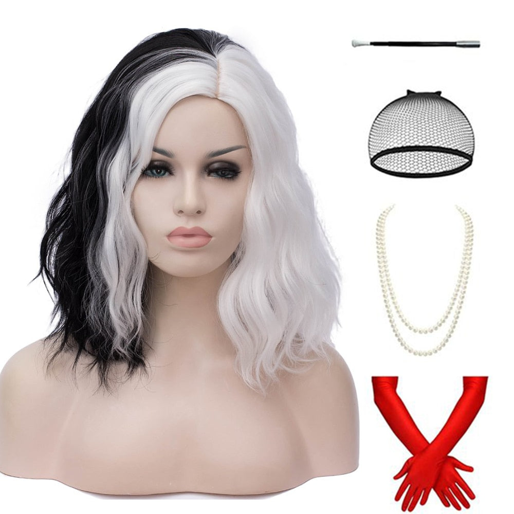 Cruella De Vil Kuila Half Black Half White Short Curly Hair Bangs Bob Cosplay Halloween Costume Synthetic Ladies Wig