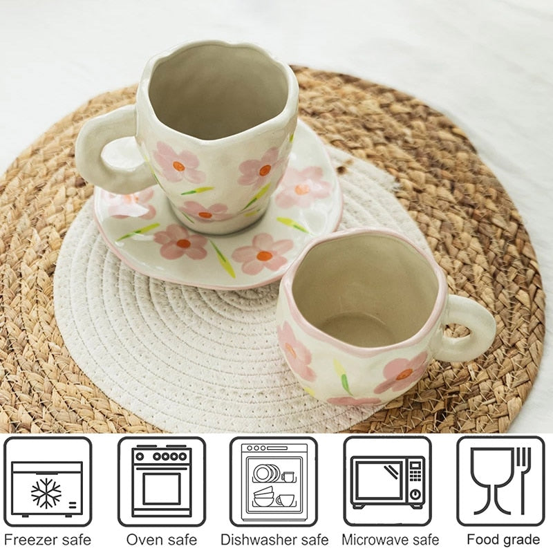 Hand-painted Flower Ceramic Coffee Cup Home Office Mug With Saucer Breakfast Milk Juice Tea Handle Cup Microwave Safe