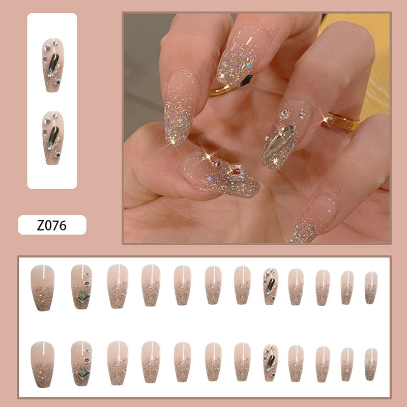 24pcs Rhinestone Design Fake Nails Shiny nail Decorations Press On nail Tips False Nail Patch