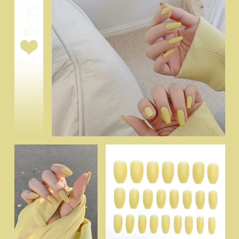 24pcs/box Full Cover fake Press on Nails Matte Yellow Pure Acrylic Frosted Ballerina acrylic for nails