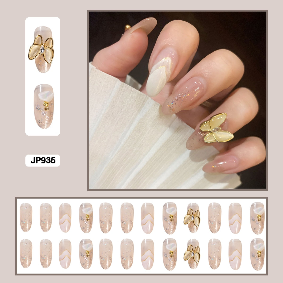 24pcs Stereoscopic Butterfly Light Luxury Elegant Nude Lady Style Removable False Nail Manicure Tool