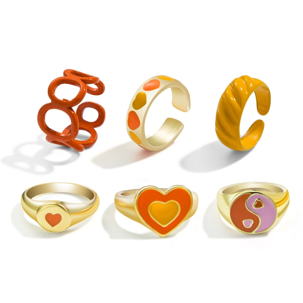 Y2K Style Korean Colorful Resin Chain Rings Set for Women Fashion Colorful Multilayered Heart Ring