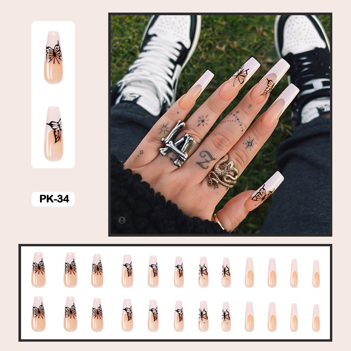 24PCS Dark Punk False Nails with Glue Gradient Long Detachable Fire Stick on Nails Skull Flame  Art DIY Fashion Manicure Tool