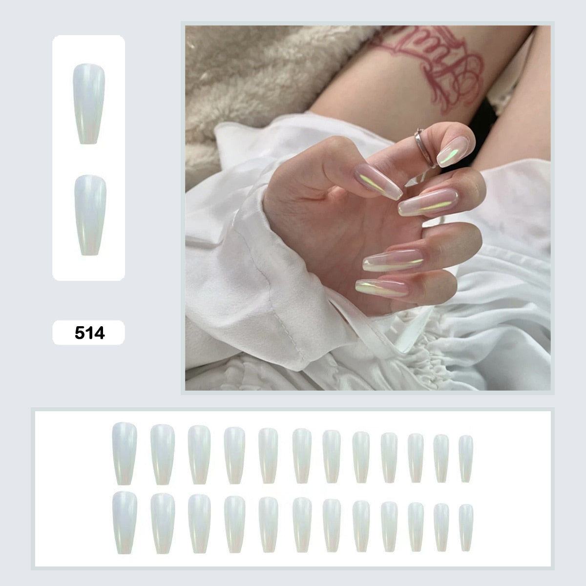 Mermaid Color Auroral Color Shell Fairy Fake Nail Art Wearable False Nails With Glue And Sticker 24pcs/box