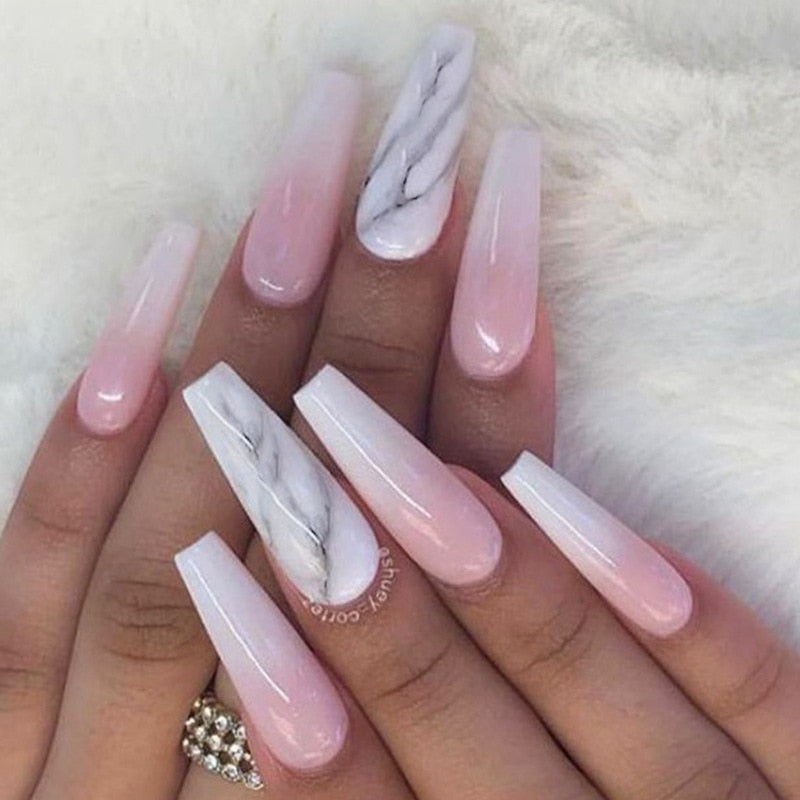 24Pcs Marble Gradient Long Coffin False Nails Detachable Wearable Gold Foil Ballerina Fake Nails Full Cover Nail Tips Press Glue