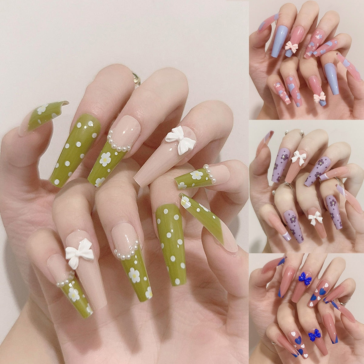 3D bow flowers sweet heart shaped long trapezoidal wearable nail fake nails