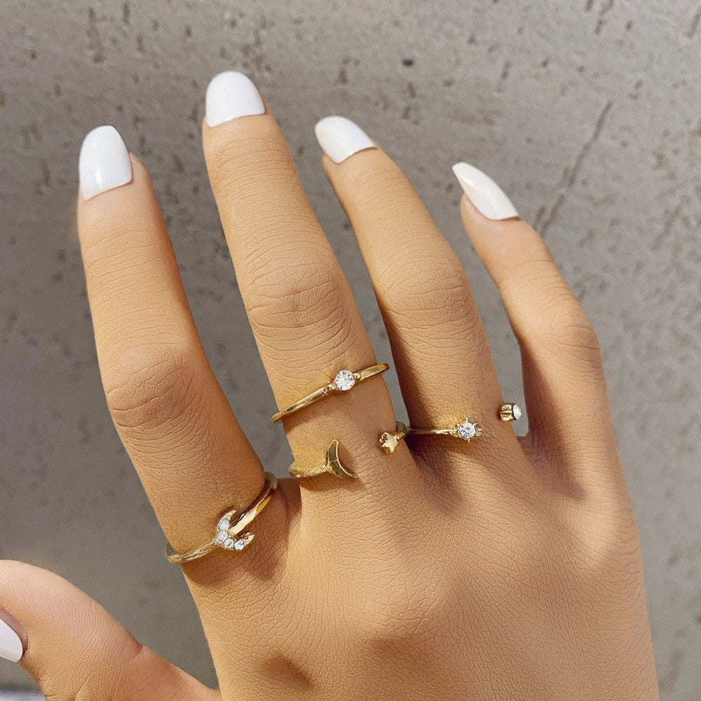 Bohemian Gold Chain Rings Set Boho Coin Snake Moon Star Rings Party Jewelry