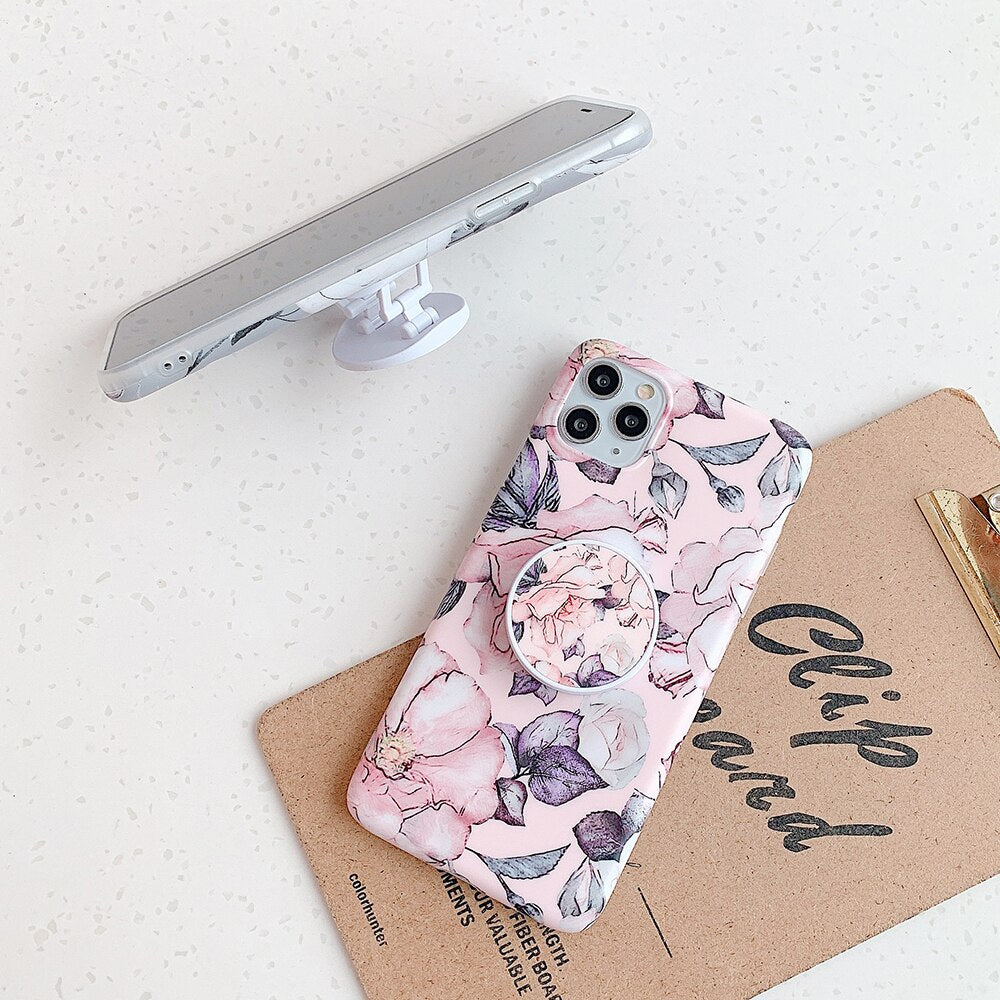 Retro Flower Phone Case With Holder For iPhone 12 11 13 Pro Max XR XS Max 7 8 Plus X Soft IMD Matte Full Body Phone Back Cover