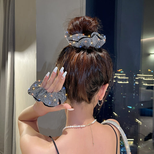 Rhinestone Women Silk Scrunchie Elastic Handmade Hair Black Band Ponytail Holder Headband Hair Accessories