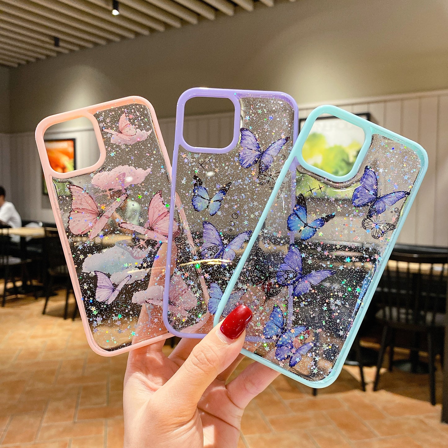 Phone Case For iPhone 12 11 Pro Max X XR XS 6S 7 8 Plus 12 mini Luxury Glitter Bling Star Butterfly Candy Color Clear Soft Case