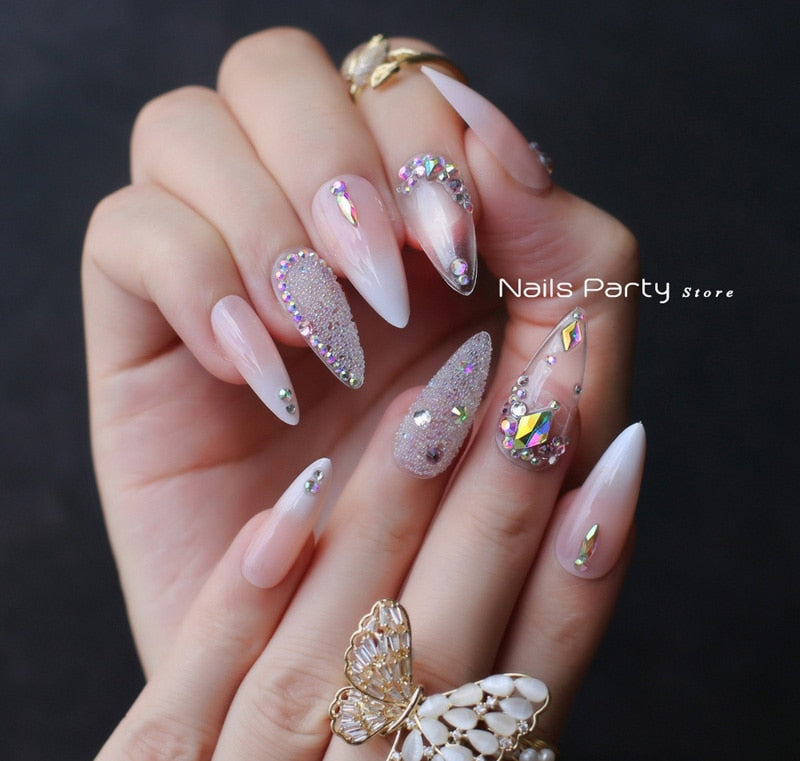 Stiletto Jelly ombre nude fasle nails press on nail Luxury crystal nails photo design nails