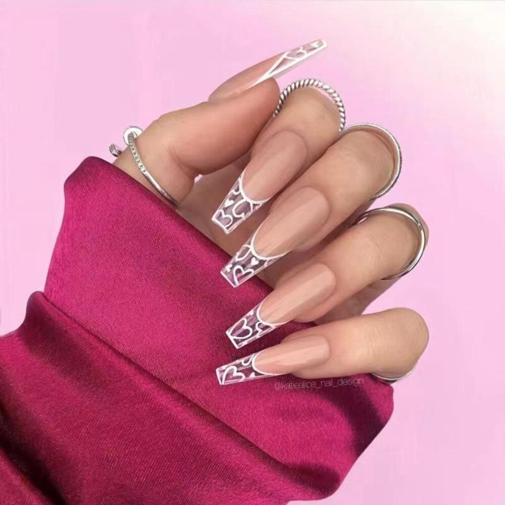 24Pcs/Box False Nails with Pink Flame Designs Press on Nails Long Coffin Ballerina Fake Nails Artificial Nail Art Tips with Glue