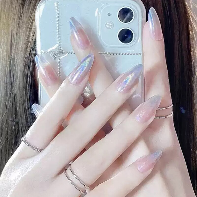 24pcs Aesthetic Northern Lights stiletto nail tips Simple Lasting Fake Nails Wearable Full Cover Finished Fingernails