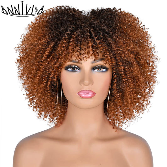 Short Hair Afro Kinky Curly Wigs With Bangs African Synthetic Ombre Glueless Cosplay Wigs