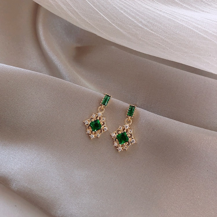 Geometric Compact Zircon Green Crystal Earrings Luxury Designer Elegance Feminine Jewelry