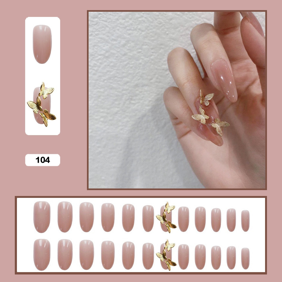 24pcs Stereoscopic Butterfly Light Luxury Elegant Nude Lady Style Removable False Nail Manicure Tool