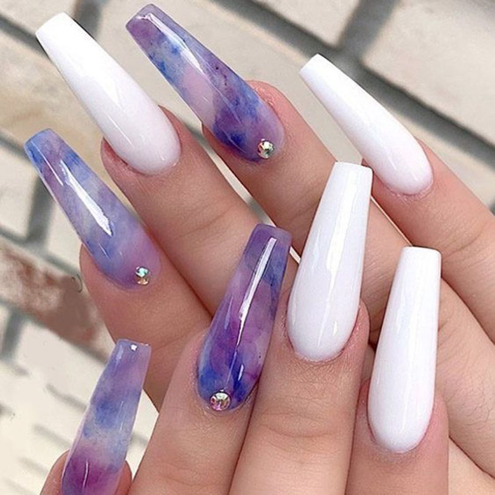 Purple Pink Ombre Rhinestone Fake Nails Coffin Ballerina Ladies Fingernails Natural Long French Gradient Press On False Nails