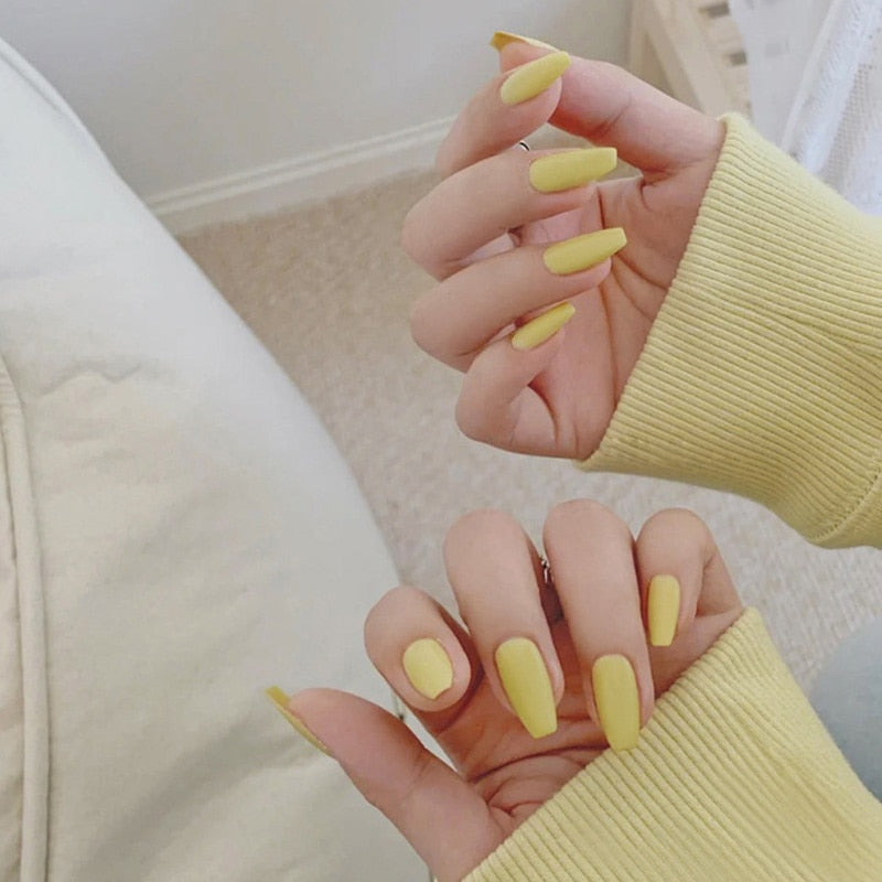 24pcs/box Full Cover fake Press on Nails Matte Yellow Pure Acrylic Frosted Ballerina acrylic for nails