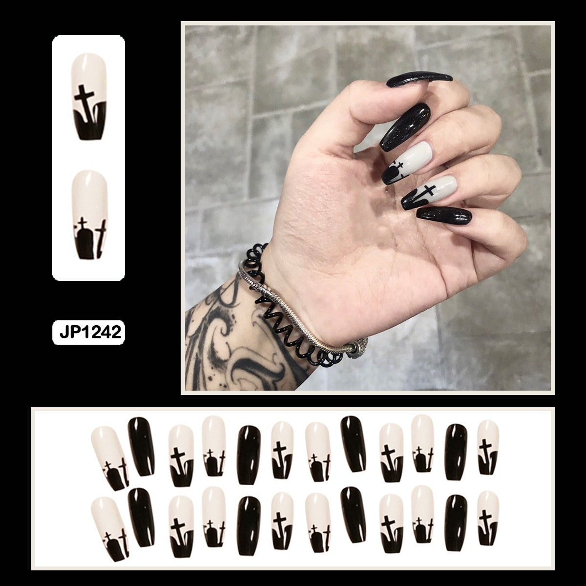 24PCS Dark Punk False Nails with Glue Gradient Long Detachable Fire Stick on Nails Skull Flame  Art DIY Fashion Manicure Tool