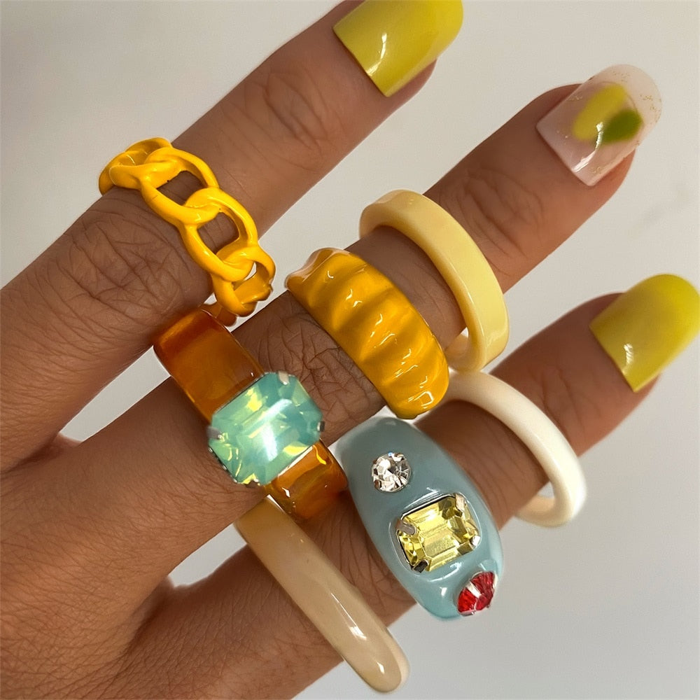 Y2K Style Korean Colorful Resin Chain Rings Set for Women Fashion Colorful Multilayered Heart Ring