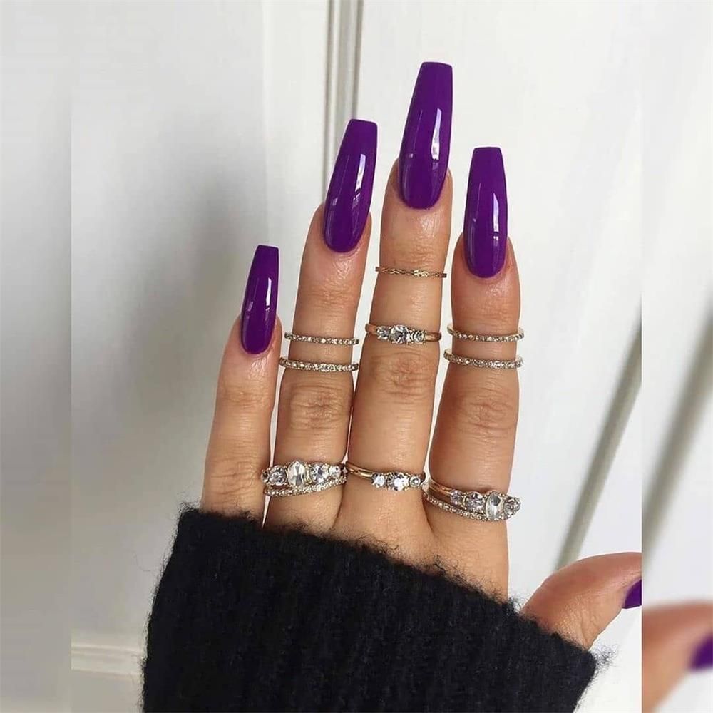 Purple Pink Ombre Rhinestone Fake Nails Coffin Ballerina Ladies Fingernails Natural Long French Gradient Press On False Nails