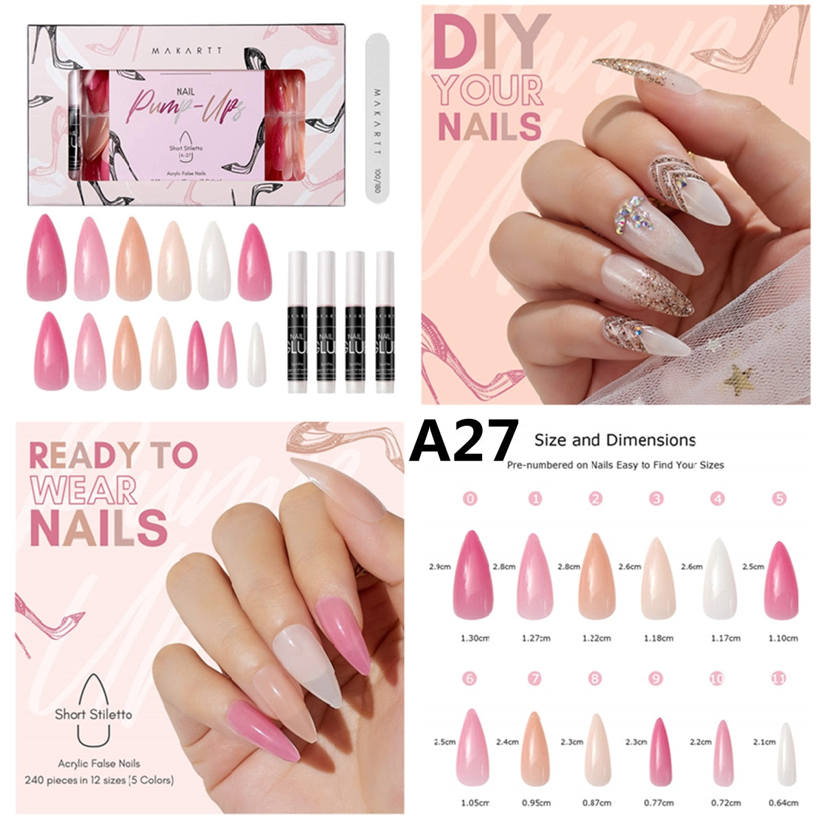 Acrylic Nail Kit Press On Nails Set 240pcs Ballerina Nail Tips Full Cover Nude 4pcs Nail Glues 1pcs Fake Nail