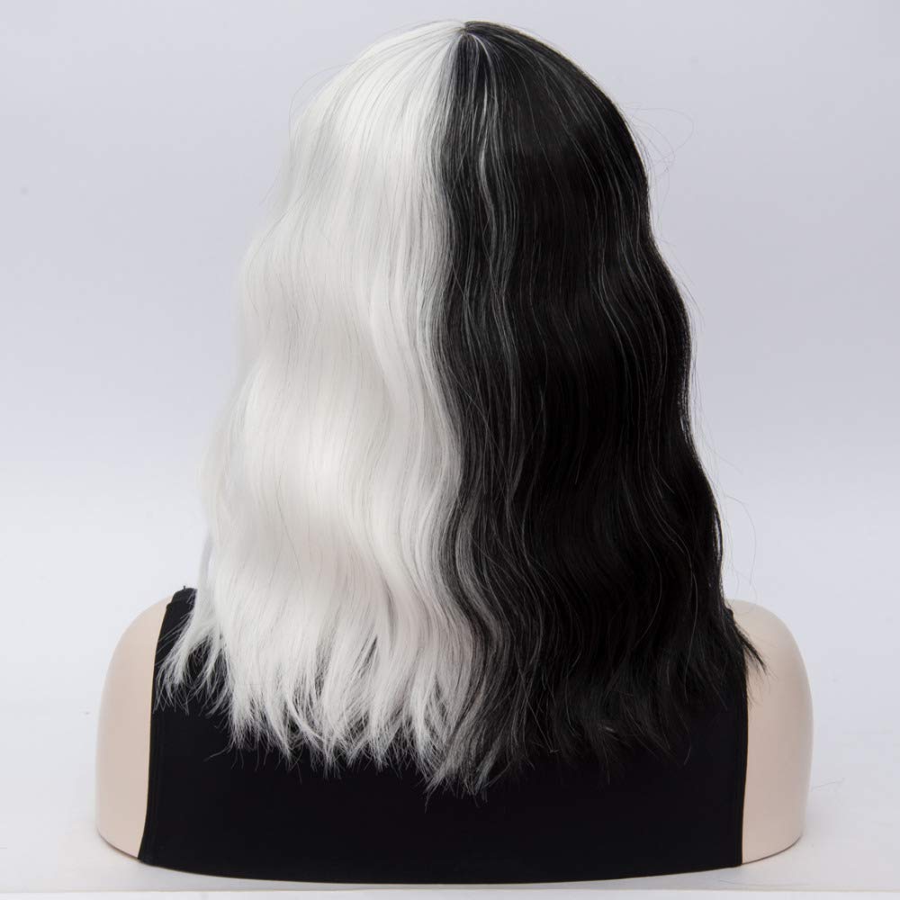 Cruella De Vil Kuila Half Black Half White Short Curly Hair Bangs Bob Cosplay Halloween Costume Synthetic Ladies Wig