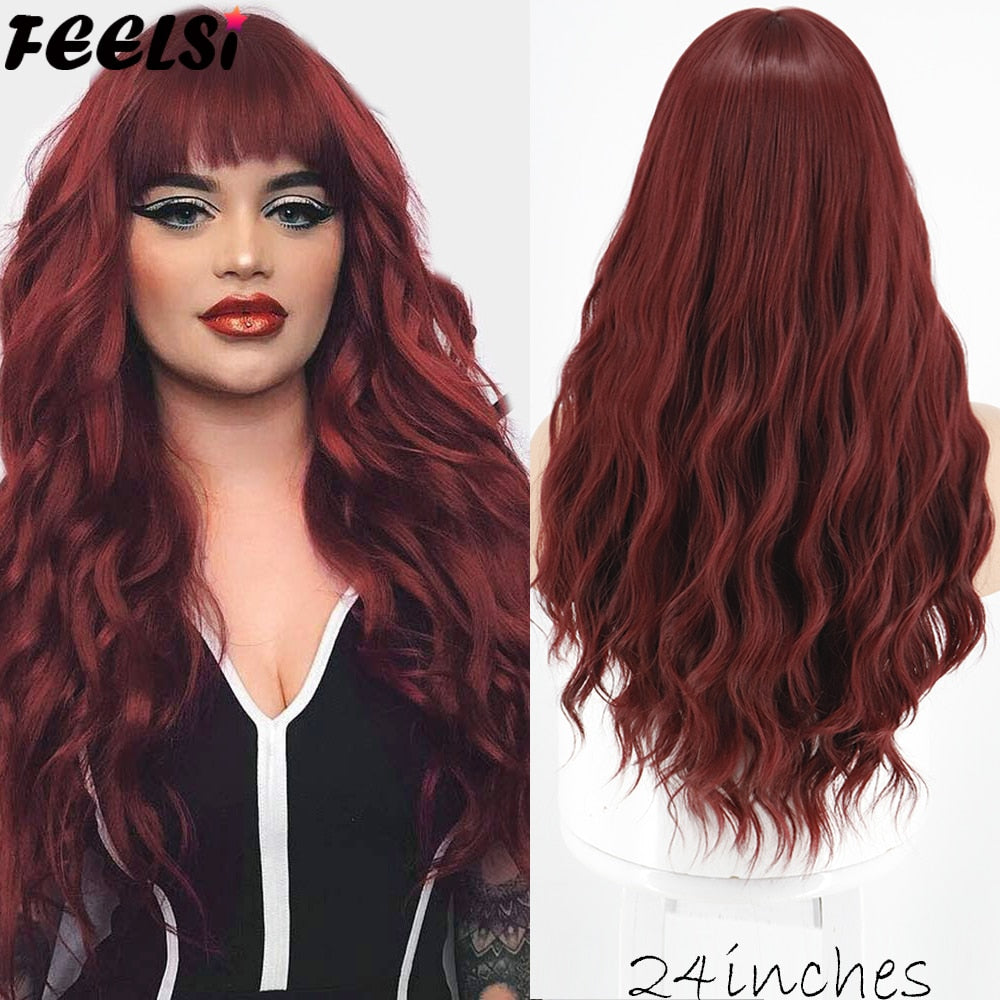 Synthetic Pure Red Black Orange Wig Long Water Wave Halloween Cosplay Wigs Synthetic Wig High Temperature Fiber