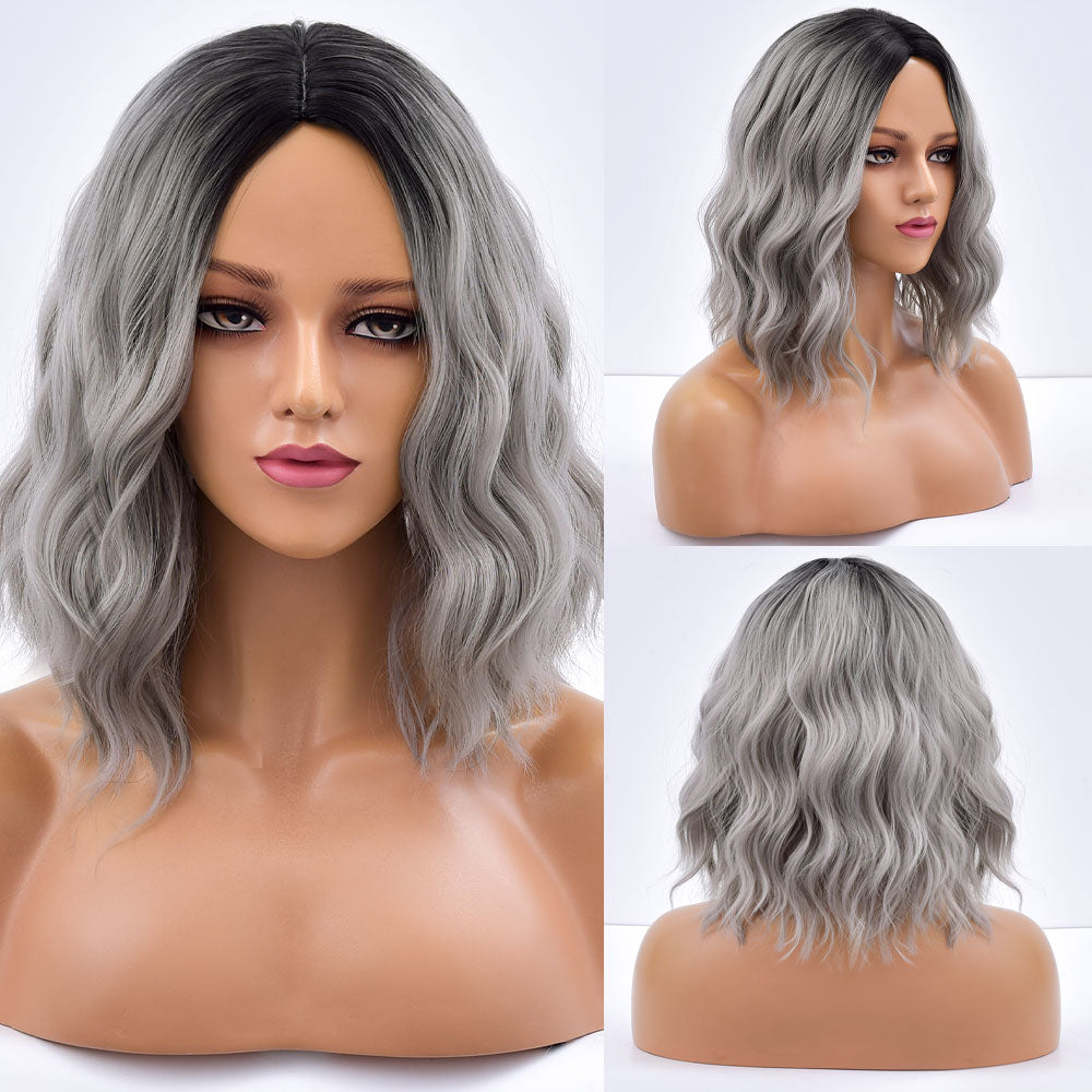 Short Bob Synthetic Wig Ombre Pink Water Wave Hair Wigs With Bangs Cosplay Lolita Heat Resistant Natural Hair