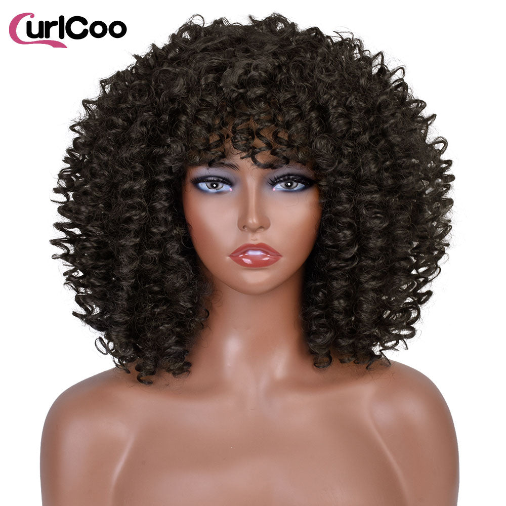 Short Afro Kinky Curly Wigs With Bangs For Women Synthetic Ombre Natural Heat Resistant Hair Brown Cosplay Highlight Wigs