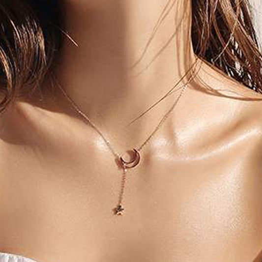 Simple Y Chain Hollow Moon Necklaces Jewelry Stainless Steel Crescent Moon Star Pendant Necklaces Rose Gold Choker