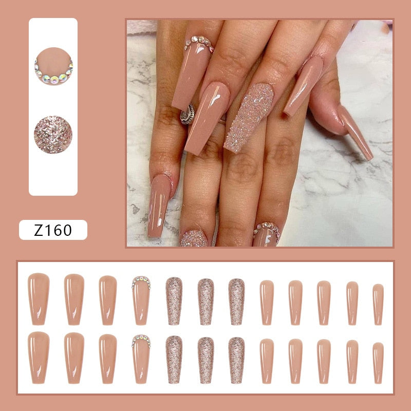 24pcs False Nails Nude Gradient Nail Patch Rhinestone Inlaid Press On Nails Removable Long Manicure nail tips