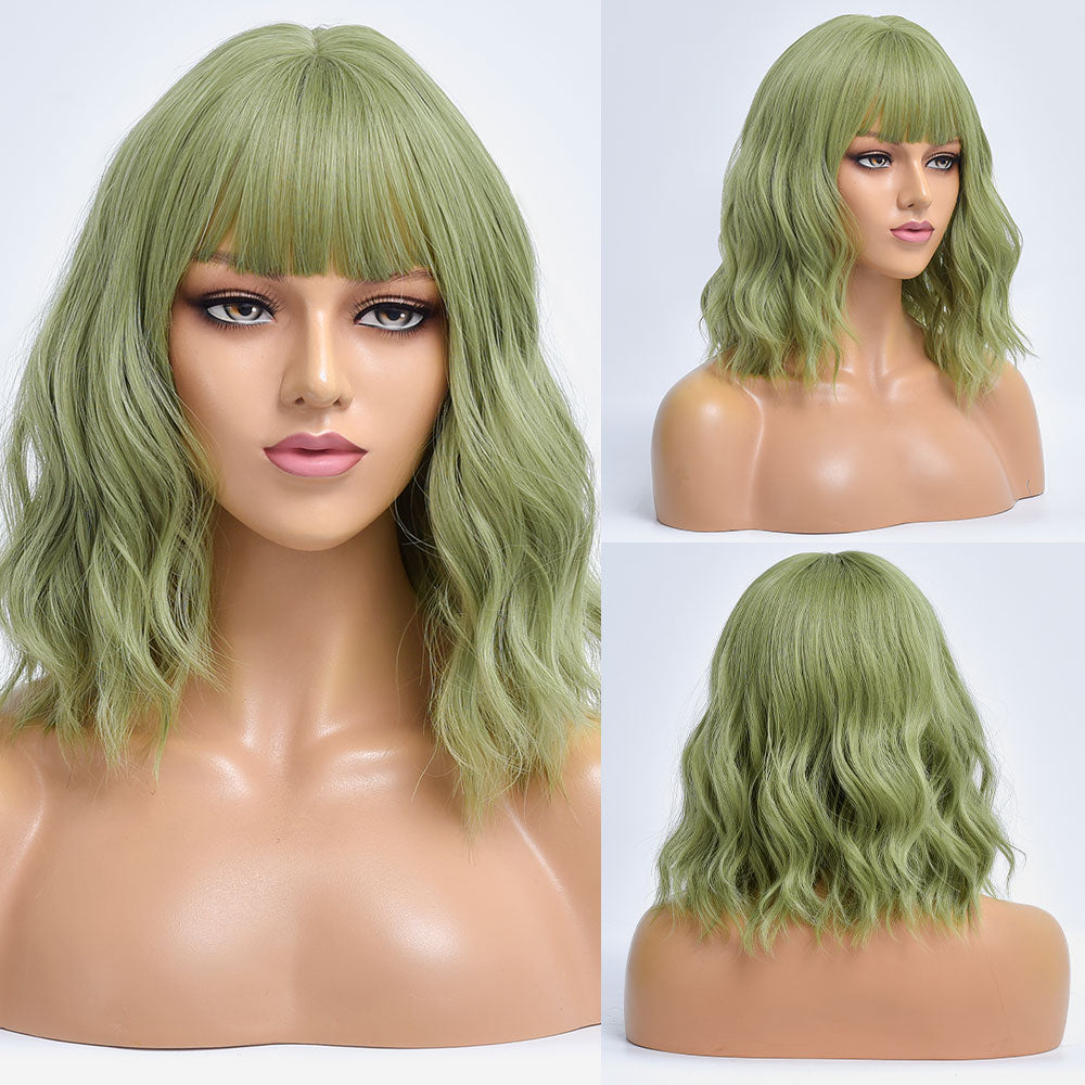 Short Bob Synthetic Wig Ombre Pink Water Wave Hair Wigs With Bangs Cosplay Lolita Heat Resistant Natural Hair