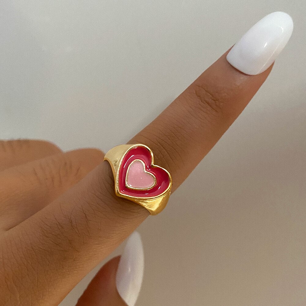 Colorful Ring for Women Glossy Dripping Love Heart Rings Peach Heart Ring Exquisite Wild