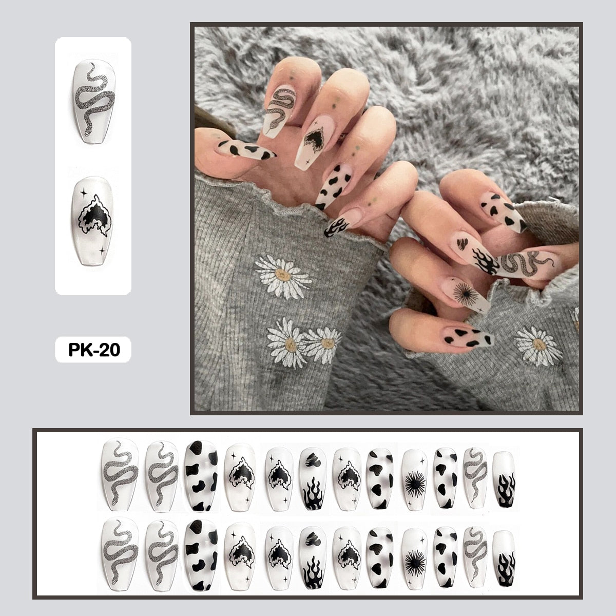 24PCS Dark Punk False Nails with Glue Gradient Long Detachable Fire Stick on Nails Skull Flame  Art DIY Fashion Manicure Tool