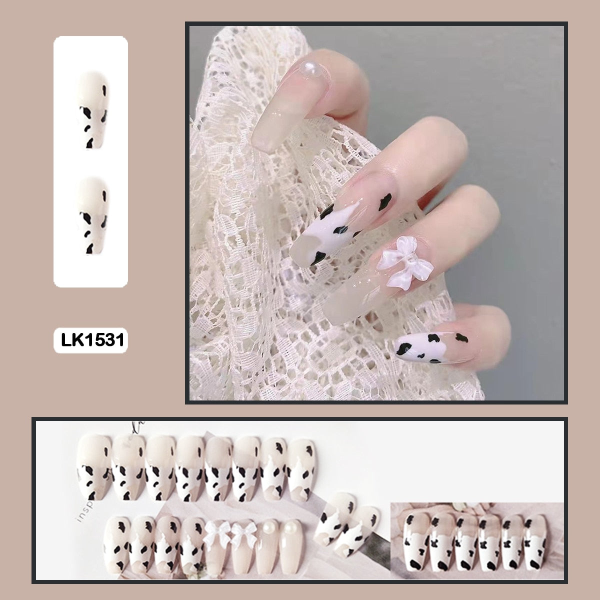 3D bow flowers sweet heart shaped long trapezoidal wearable nail fake nails