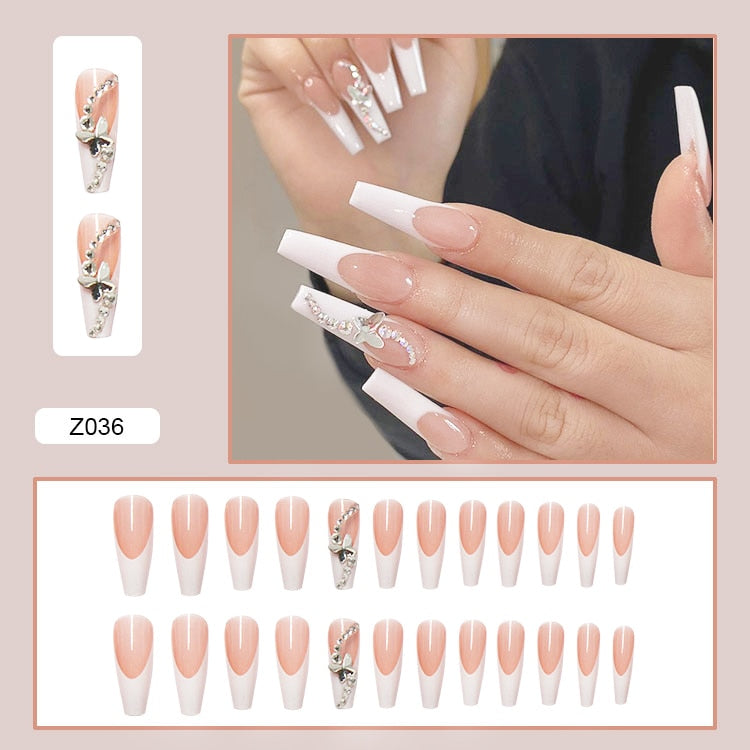 24pcs Stereoscopic Butterfly Light Luxury Elegant Nude Lady Style Removable False Nail Manicure Tool