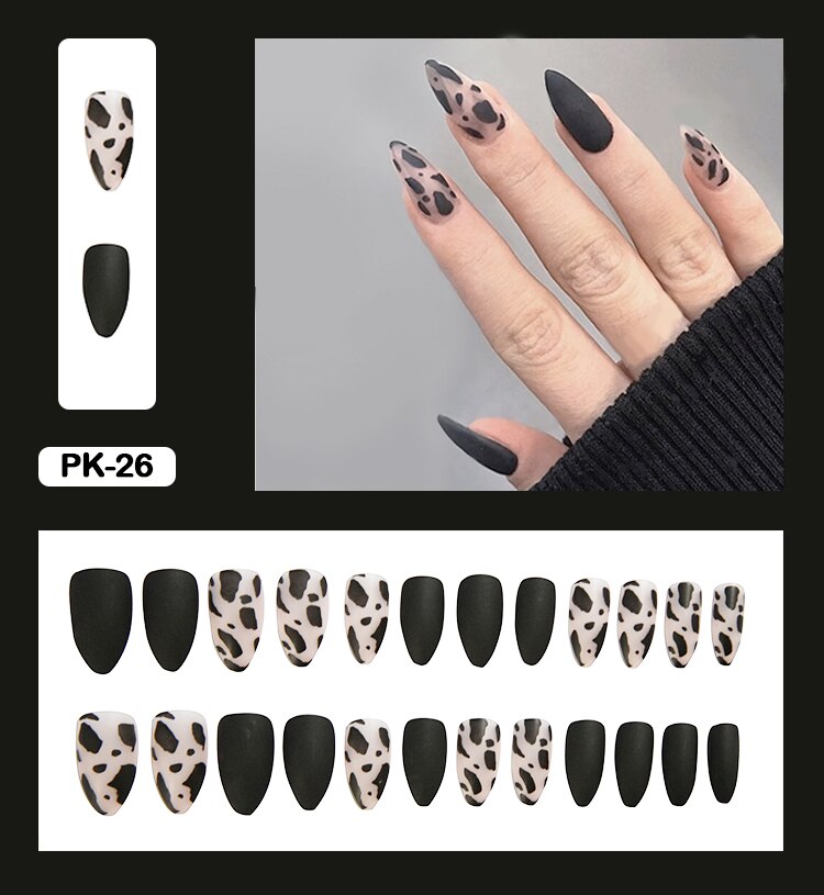 Black Leopard Print Water drop Nail Art Wearable False Short Fake Nail With Glue 24pcs/box With Wearing Tools