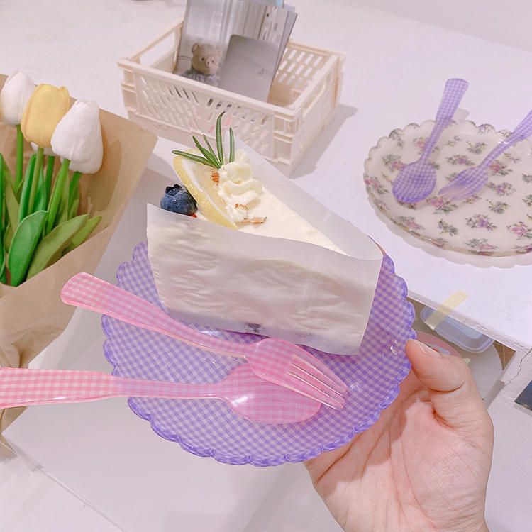 Plastic Dessert Tray Acrylic Cake Dish Grid Pattern Spork Floral Plates Decorative Fruit Plate Spoon Fork