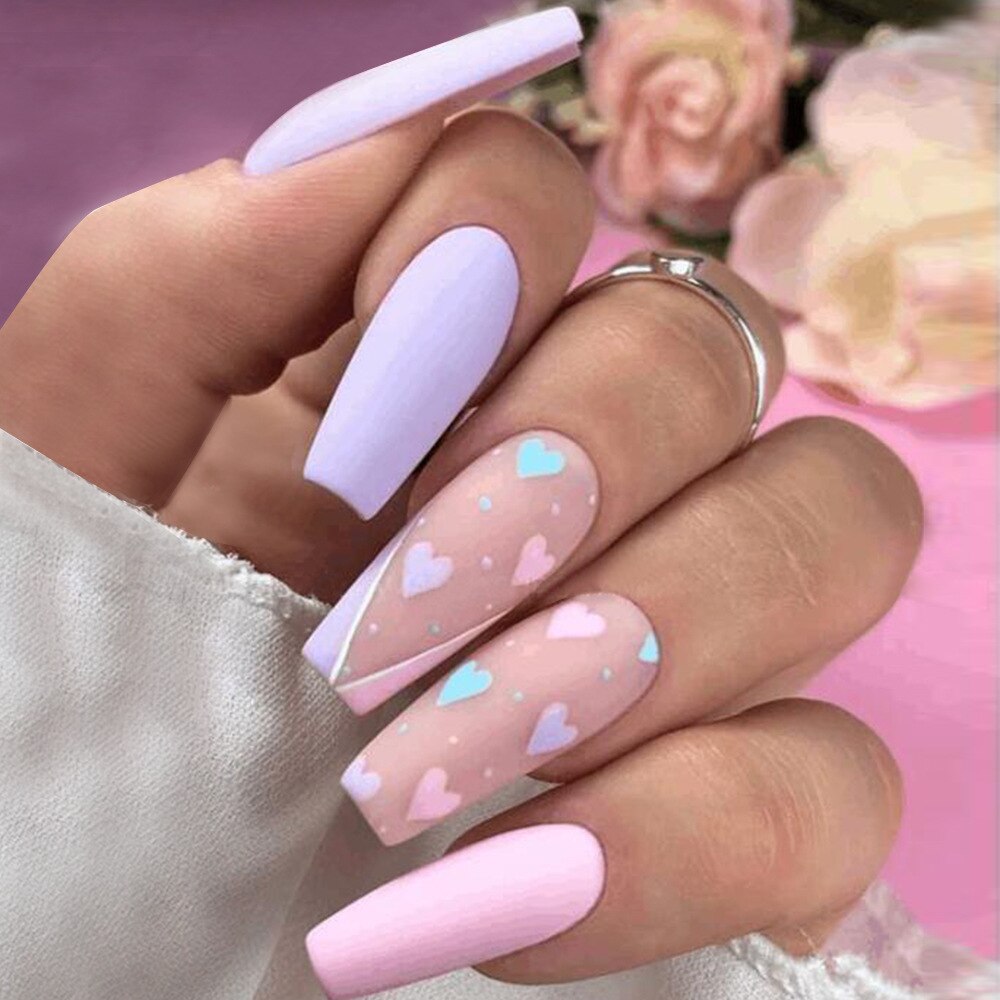 24pcs False Nails with glue flower design Long Coffin French Ballerina Fake Nails Full Cover acrylic Nail Tips Press On Nails