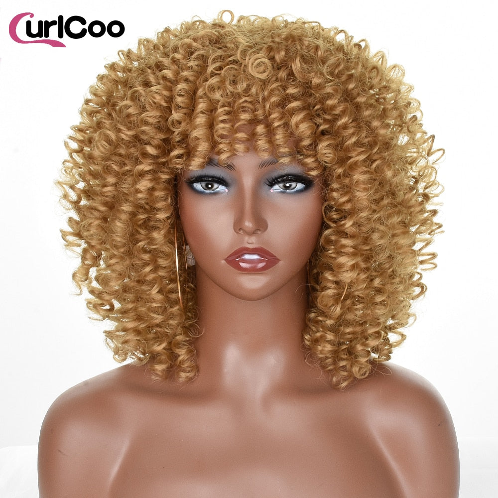 Short Afro Kinky Curly Wigs With Bangs For Women Synthetic Ombre Natural Heat Resistant Hair Brown Cosplay Highlight Wigs