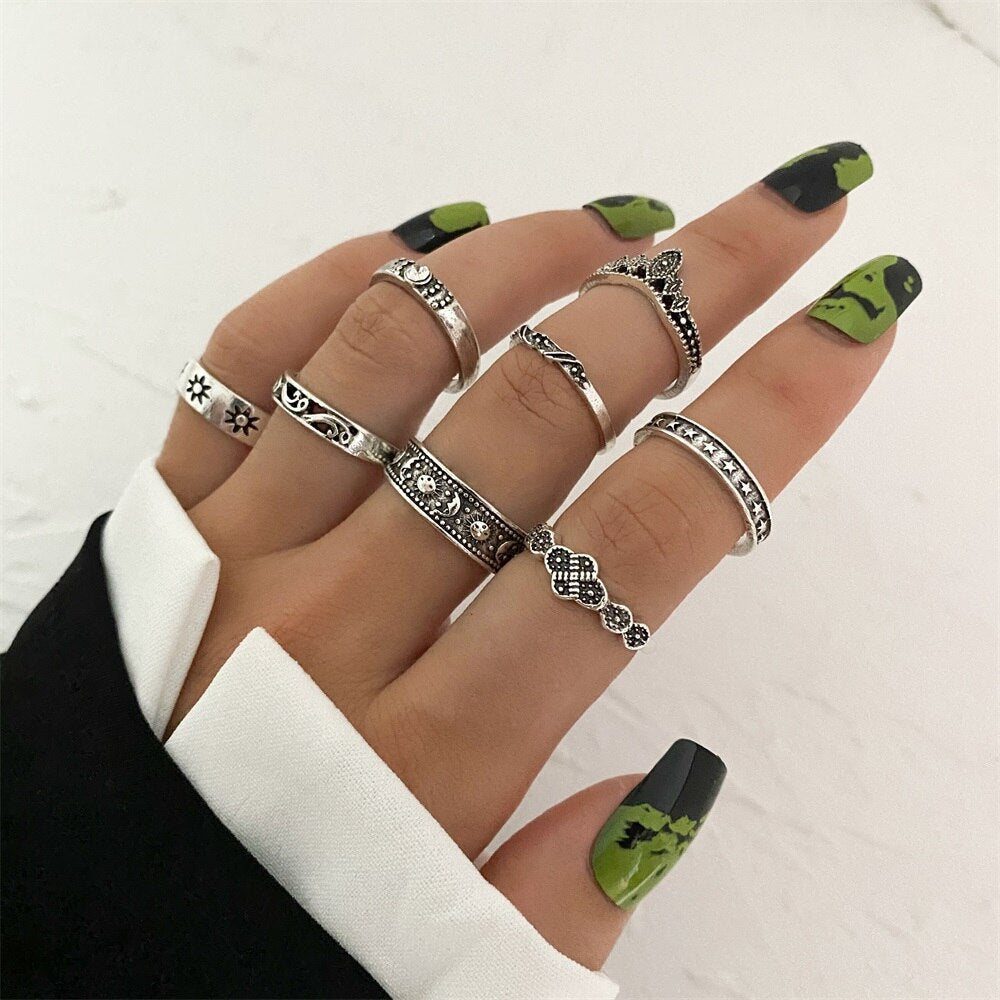 Punk Gothic Butterfly Snake Chain Ring Set for Women Black Dice Vintage Silver Plated Retro Rhinestone