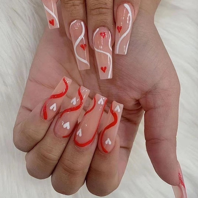 24pcs Long Ballerina False Nails Pink Heart Love Rhinestones Rose Designs Fake Nails Press on Full Cover Wearable Acrylic Tips