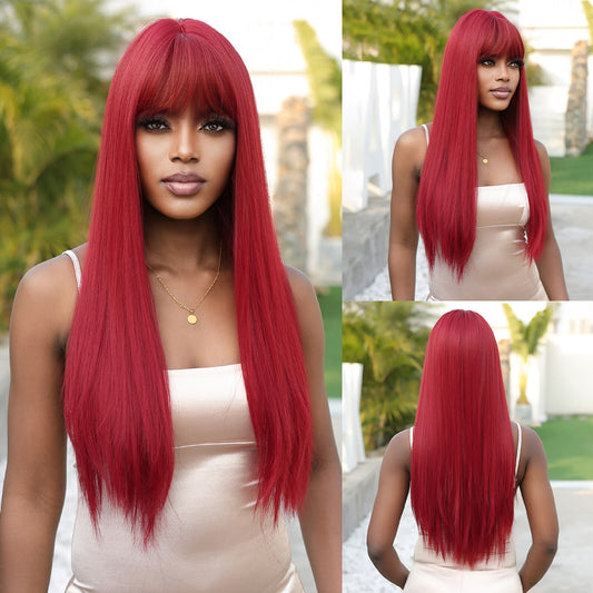 Light Wine Red Synthetic Wigs With Bangs for Women Long Straight Hair Wig Natural Cosplay Party Heat Resistant