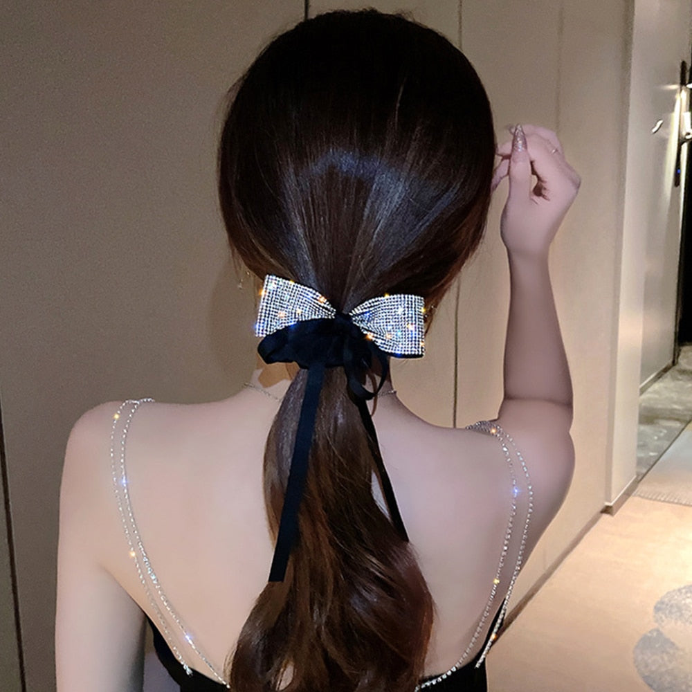 Elegant Bow Ribbon Scrunchies Fashion Ladies Simple Rhinestone Bow Wrap Hair Rope Design Ponytail Girl Hair Accessories