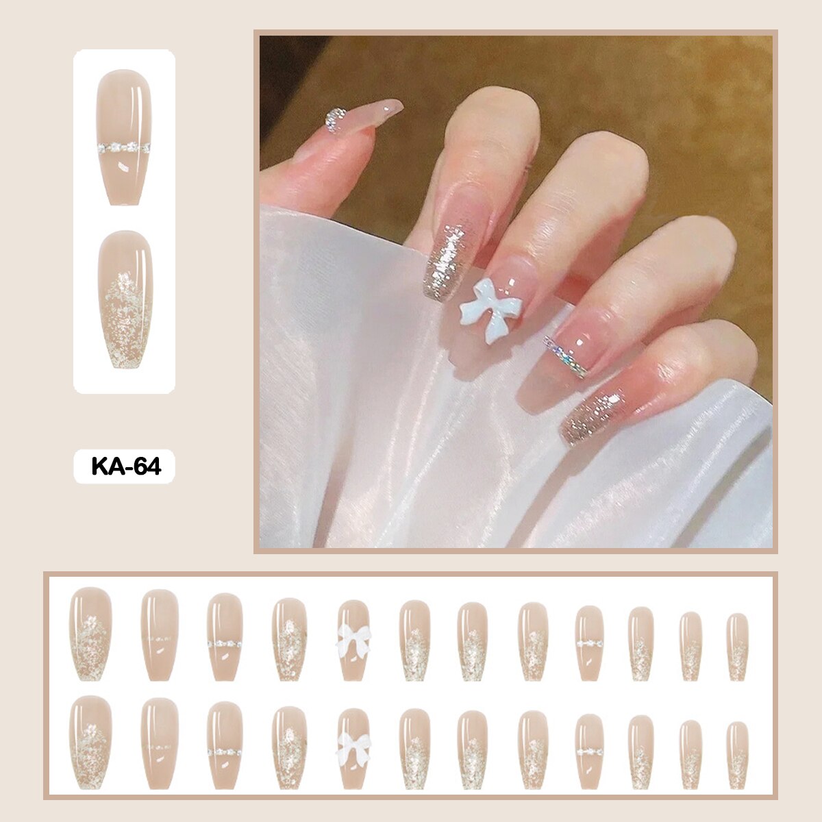 24pcs Artificial Diamond Elegant Flesh-colored Nail Art With Bowknot Fake Nails Long False Nails With Glue With Wearing Tools