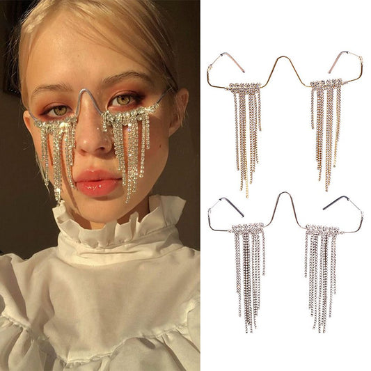 Decorative Glasses Frameless Diamond Tassels Eyeglasses Hip-Hop Punk Rhinestone Glasses Frames for Women