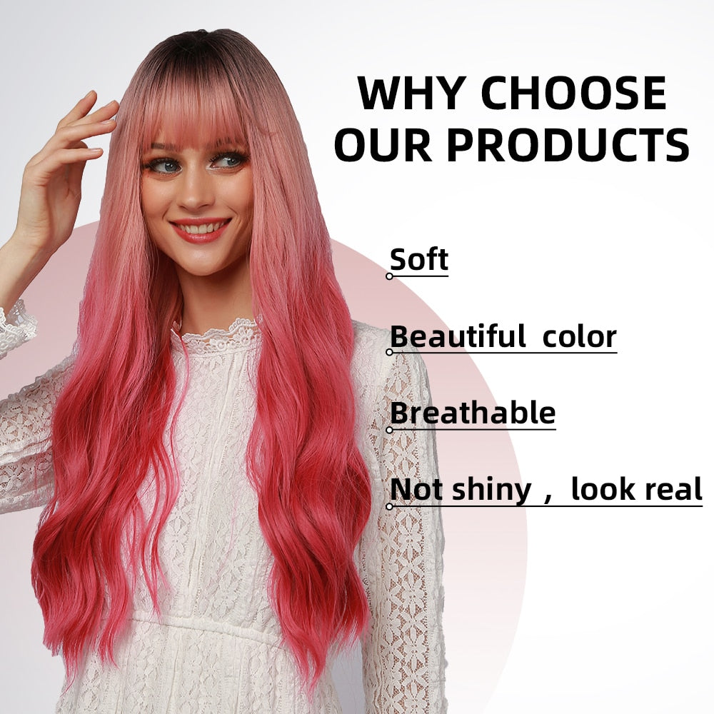 Synthetic Hair Wigs Cosplay Wig Long Wave Root Black Ombre Pink for Woman Heat Resistant Fiber Daily Party Wig