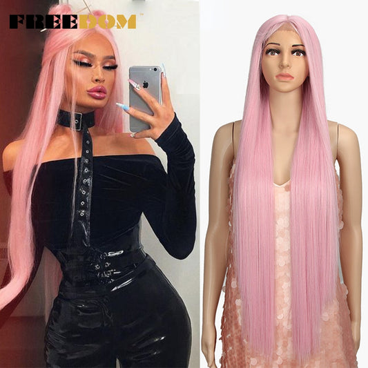 Synthetic Lace  Wigs 38 Inch Long Straight Lace Wig Ombre Pink Red Ginger Blue White Cosplay Wigs For Black Women